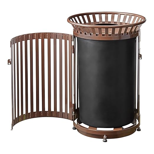 45 Gallon Brown Trash Can with Flat Lid & Door, Outdoor Heavy-Duty Commercial Waste Bin Steel Slatted, Round Recycle Container, Durable Garbage Can for Parks, Municipalities, Schools, Parking