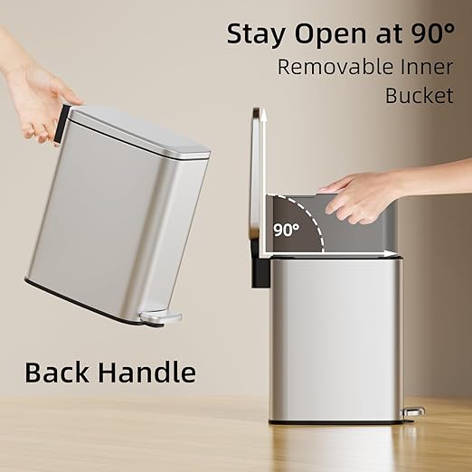 Small Bathroom Trash Can with Lid Soft Close, Step Pedal, 6L / 1.6 Gal Stainless Steel Garbage Bin with Removable Inner Bucket, Slim Wastebasket for Narrow Spaces (Silver)