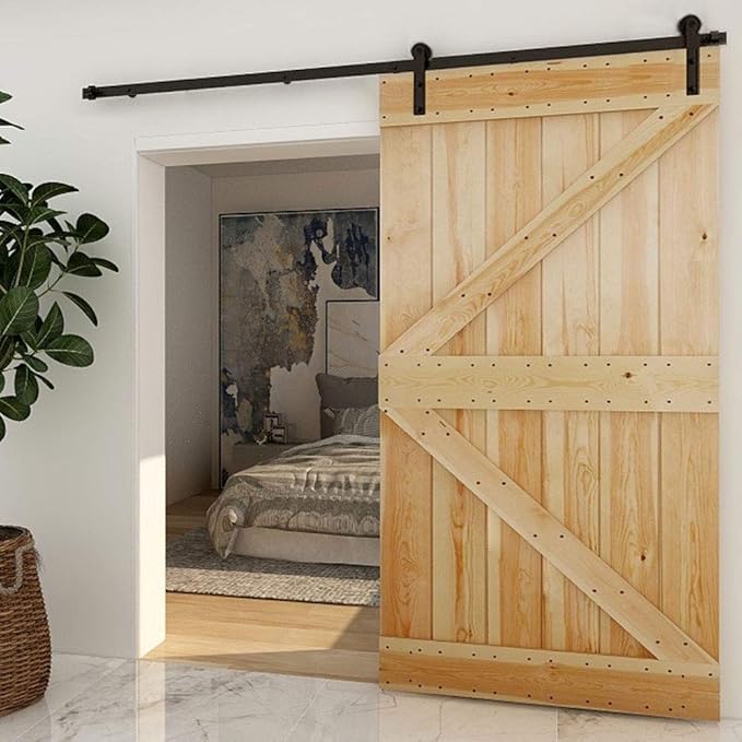 CCJH 14.5FT Single Sliding Barn Door Hardware Kit Black Carbon Steel Hanger Flat Track System for Closet Kitchen 1 Door 87 inch Wide, Smoothly and Quietly I Shape Roller