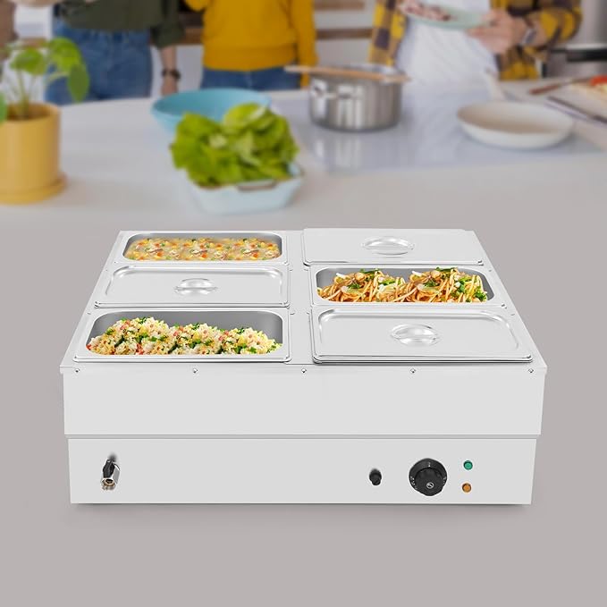 6-Pan Countertop Food Warmer Electric Steam Table for Buffet Commercial Stainless Steel Buffet Steam with 6 Stainless Steel Covers 110V 850W 6.7L Large Capacity (6 Pan/6.7L)