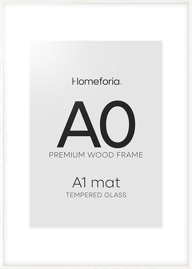 Homeforia A0 Frame White Wood, High End Oak 33.1 x 46.8 White Wooden Poster Frames Matted to 23.4 by 33.1 inches Photo, A0 Size Large Wood Picture Frame with Mat A1, Tempered Glass, Wall Kit, Set of 1