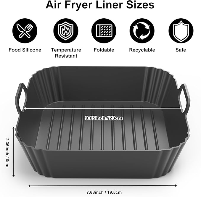 9-Inch Large Square Silicone Air Fryer Liners for Ninja AF141 AF181 AF142 Cosori 6QT, 2 Pack Silicone Pot Baking Accessories for Chefman, Instant, Cuisinart, Reusable Tray Insert 5–8QT