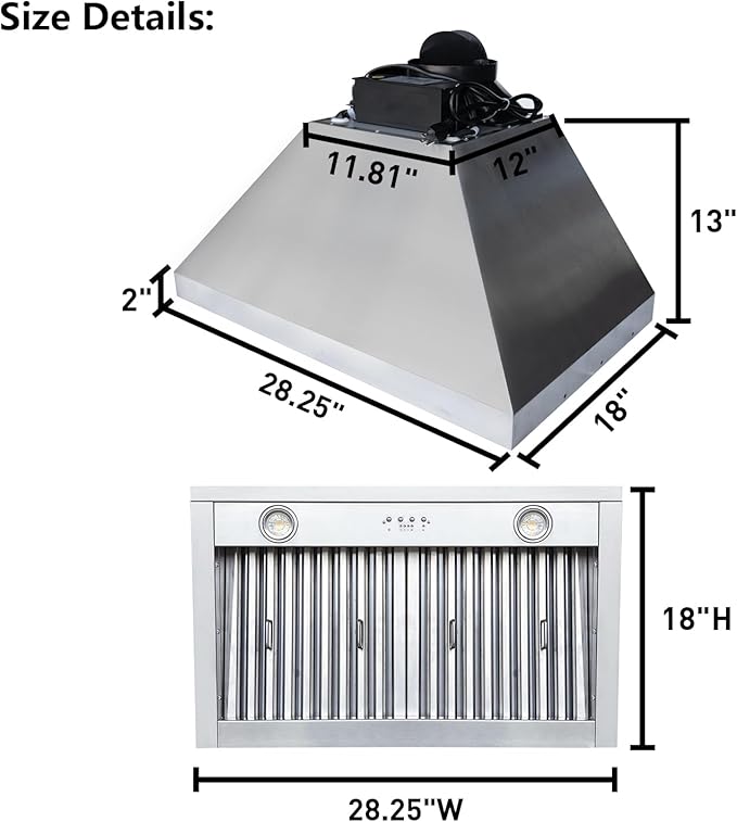 SINDA 30 Inch Built-In/Insert Range Hood, 4-Speed 610 CFM, Stainless Steel Under Cabinet Range Hood Kitchen Vent Hood with Liner and Internal Motor, 6" Duct, Adjustable Lights, Baffle Filter