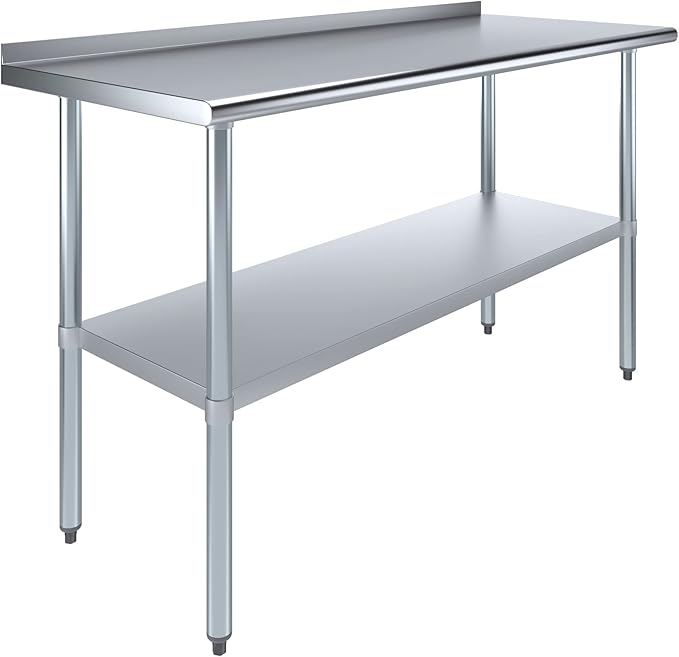 AmGood 60" Long x 24" Deep Stainless Steel Work Table with 1.5" Backsplash | Metal Kitchen Food Prep Table | NSF