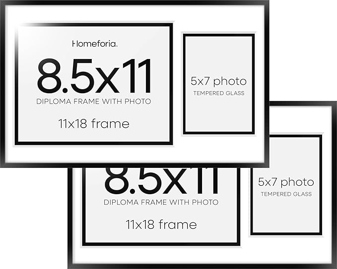 Homeforia 11x18 Black Diploma Frame with Photo, High End Metal 11 x 18 Certificate Frame with Mat for 8.5x11 Diploma and 5x7 Picture, 11by18 Award Graduation Frames, Tempered Glass, Wall Kit, Set of 2