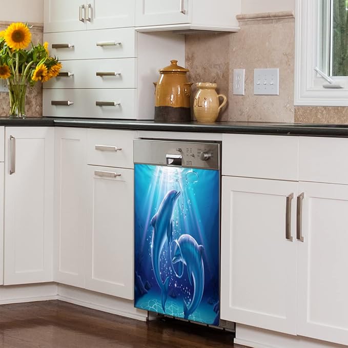 Dolphin in Ocean Dishwasher Magnet Cover for The Front Dishwasher Door Cover Panel Decals Magnetic Refrigerator Cover for Kitchen Farmhouse Home Decor（23 X 26 in）
