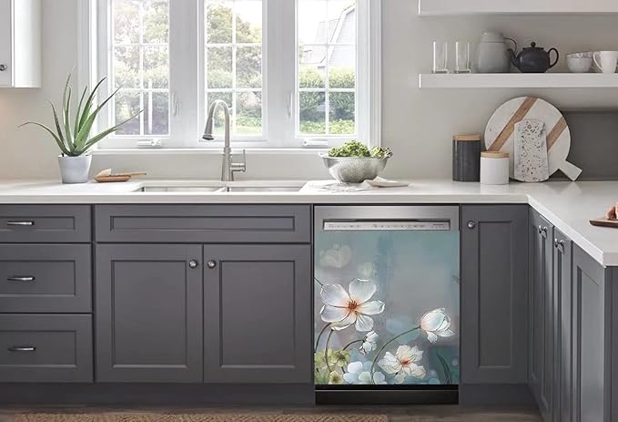 Blooming White Flowers Dishwasher Cover Decorative Magnet, Floral, Rectangular, Vinyl, 23"x17", 1 Count