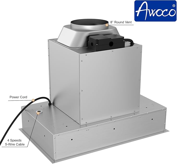 Awoco 30”W Flush Ceiling Mount Insert Island Range Hood, Stainless Steel 4 Speeds 1000 CFM, 8” Round Vent LED Lights Remote Control (30" 8" Vent)