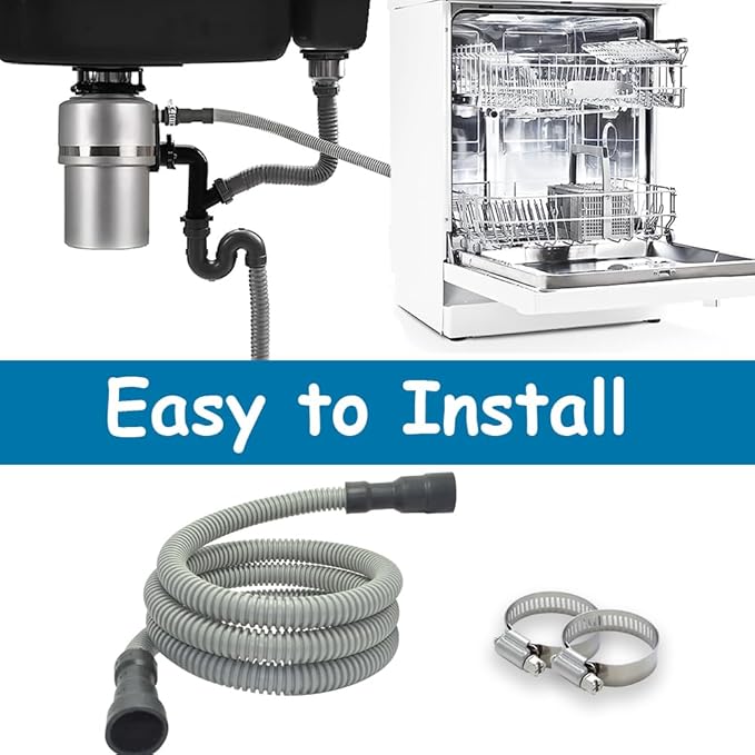 Universal Dishwasher Drain Hose - 10 Ft Discharge Hose - Corrugated and Flexible Dishwasher Hose Drain Replacement with Clamp