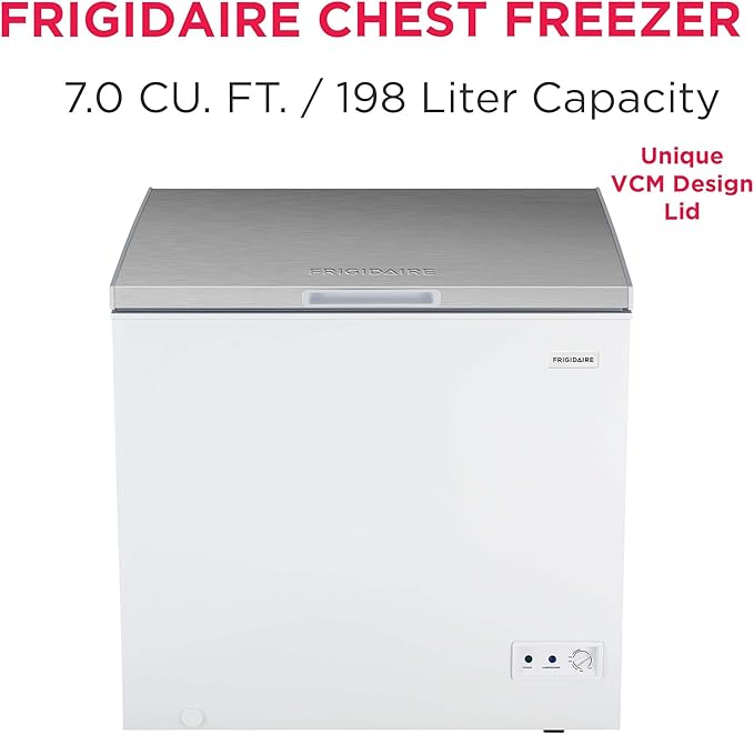 Frigidaire Chest Deep Freezer, 7 Cu. Ft. Capacity, Shiny Stainless Steel Top Lid Design-Adjustable Thermostat-Removable Vinyl Coated Wire Basket-Easy Defrost Drain- Garage Ready