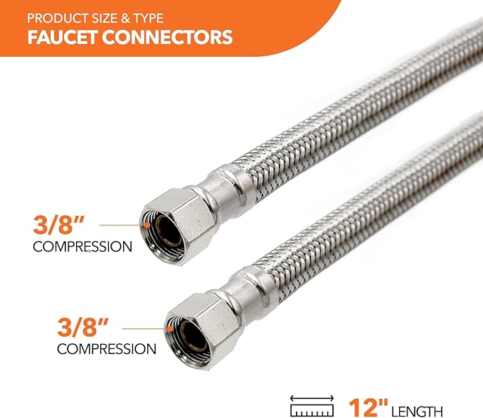 Stainless Steel Braided Water Connectors with Reinforced PVC Inner Hose for Faucets, 3/8" Compression x 3/8" Compression, 12" Length (2Pack)
