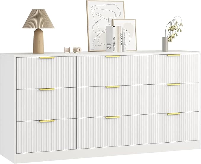9 Drawer Dresser for Bedroom with Deep Drawers, 63" Wide Wood Dresser, Large Floor Chest of Drawers, Modern Long TV Stand, Storage Cabinet Side Table, White