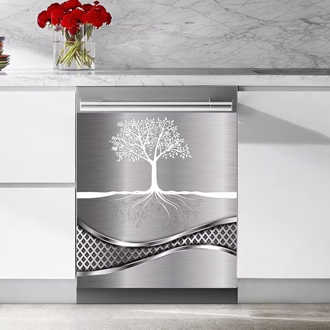 Stainless Steel Design Tree Painting Magnet Dishwasher Cover Sticker,Kitchen Decor Refrigerator Magnets Decorative Fridge Magnetic Decal Vinyl Panel 23Wx17H inch