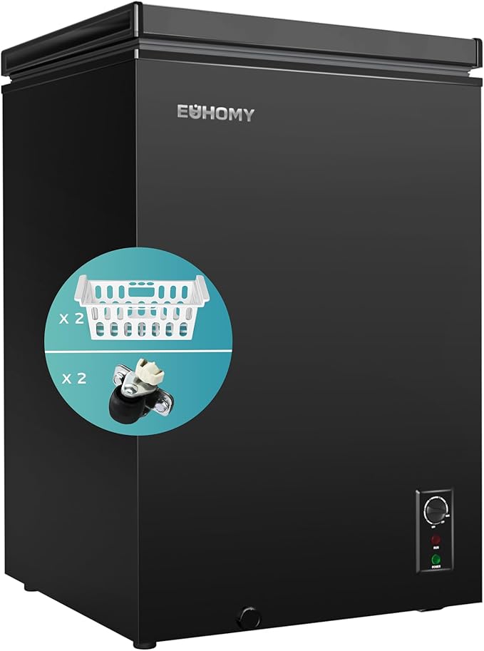 EUHOMY 3.5 Cu.Ft Chest Freezer with Wheels, Small Deep Freezer Adjustable 7 Thermostat, Quiet Mini Freezer Free-Standing Top Door, Energy Saving for Apartment/Garage/Basement/Dorm/Home, New Black