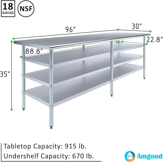 30 in. x 96 in. Stainless Steel Work Table with Three Bottom Shelves | NSF Kitchen Prep Table | Utitly Metal Table