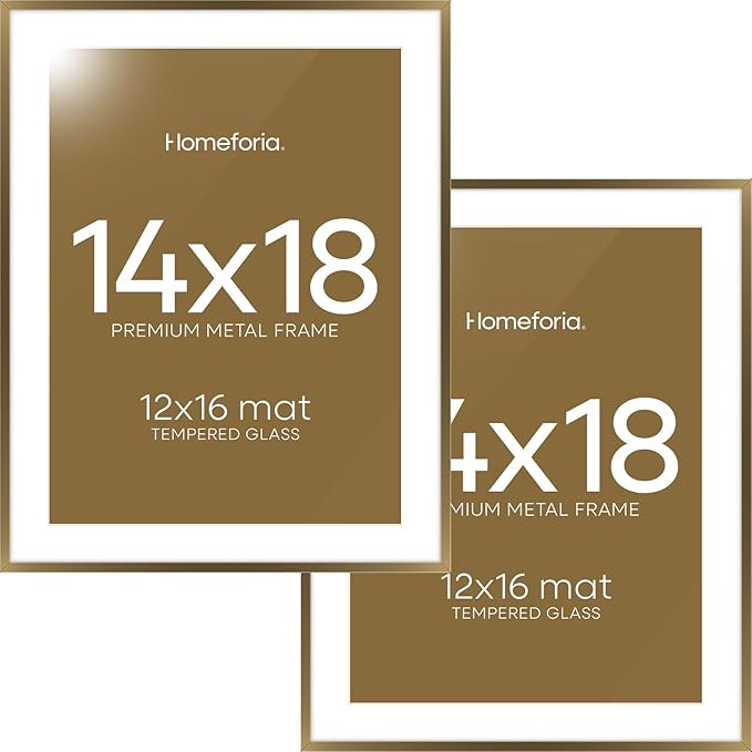Homeforia 14x18 Picture Frame Bronze, High End Metal 14x18 Brass Poster Frames with Mat 12x16 Photo, 14 x 18 Frame Matted to 12 by 16 inch Print, 18by14 Thin Frames, Tempered Glass, Wall Kit, Set of 2