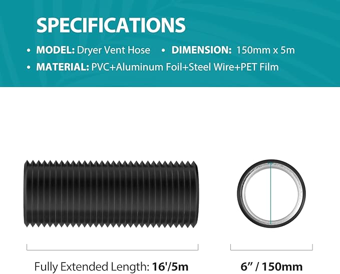 HG POWER 6 Inch Dryer Vent Hose, 16 Feet Long Flexible PVC Hose, Three Layer Noise Reducer Hose Aluminum Ducting for Heating Cooling Ventilation AC Exhaust Black