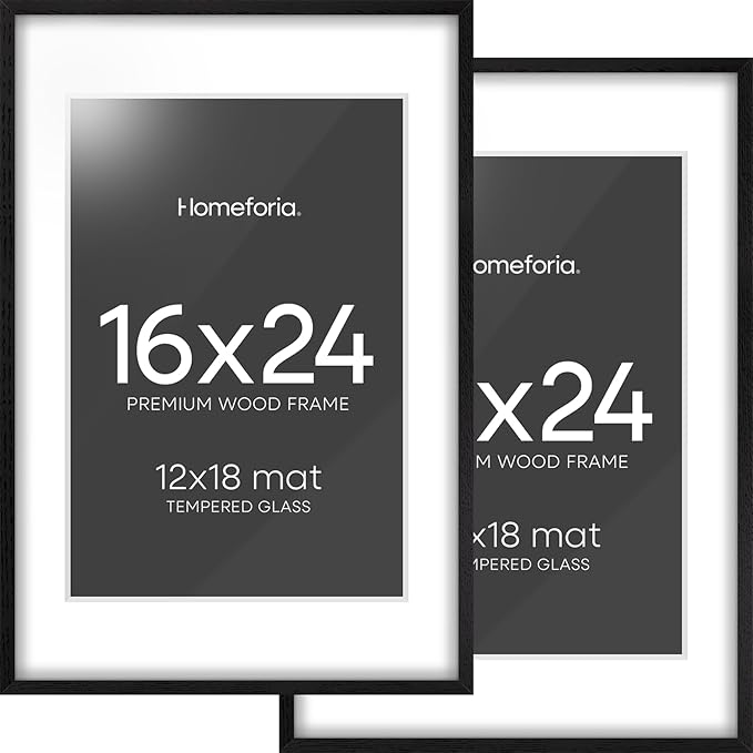 Homeforia 16x24 Black Wood Frame, High End Oak 16x24 Picture Frames with Mat 12x18 Photo, 16 x 24 Wooden Poster Frame Matted to 12 by 18 Print, 24x16 Hanging Frames, Tempered Glass, Wall Kit, Set of 2