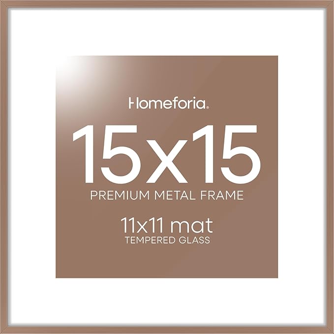 Homeforia 15x15 Picture Frame Mocha, High End Metal 15 x 15 Square Poster Frames with Mat 11 x 11 Photo, 15x15 Mocha Frame Matted to 11x11 Print, 15by15 Thin Frames, Tempered Glass, Wall Kit, Set of 1