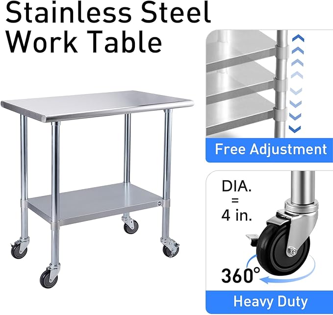ROCKPOINT Stainless Steel Table for Prep & Work with Caster Wheels 24x48 Inches, NSF Metal Commercial Kitchen Heavy Duty Table with Adjustable Under Shelf and Table Foot for Restaurant, Home and Hotel