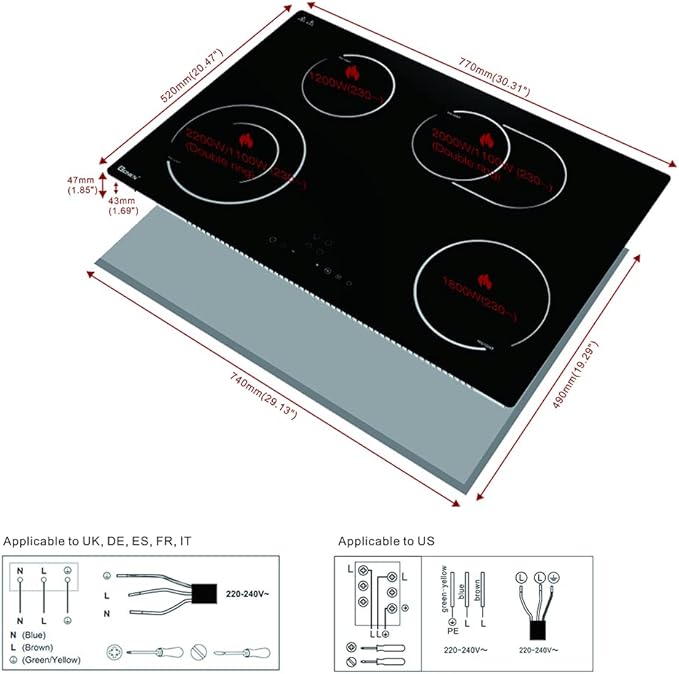 Electric Cooktop 30 Inch 220V~240V, Drop-in Ceramic Stove Burner,4 Burners Black Glass Cooktop with Flexible Ring,7200W Built in Electric Stove,Touch Control