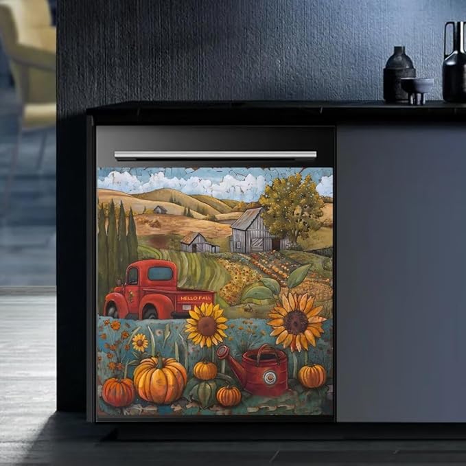 Farm Sunflower Pumpkin Dishwasher Magnet Cover,23" x 26" Dishwasher Cover,Retro Countryside Autumn Landscape Magnetic Decal Vinyl Sticker Kitchen Decor Refrigerator Magnets Self Adhesive Wrap