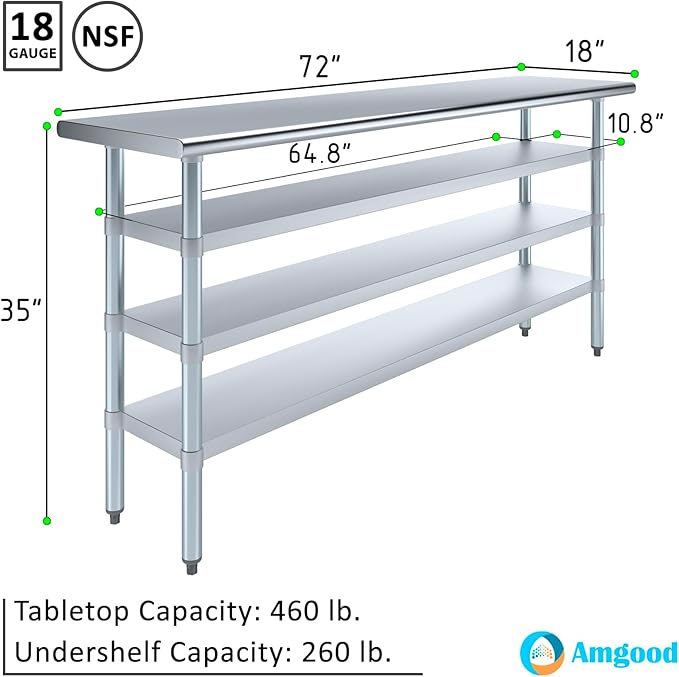 18 in. x 72 in. Stainless Steel Work Table with Three Bottom Shelves | NSF Kitchen Prep Table | Utitly Metal Table