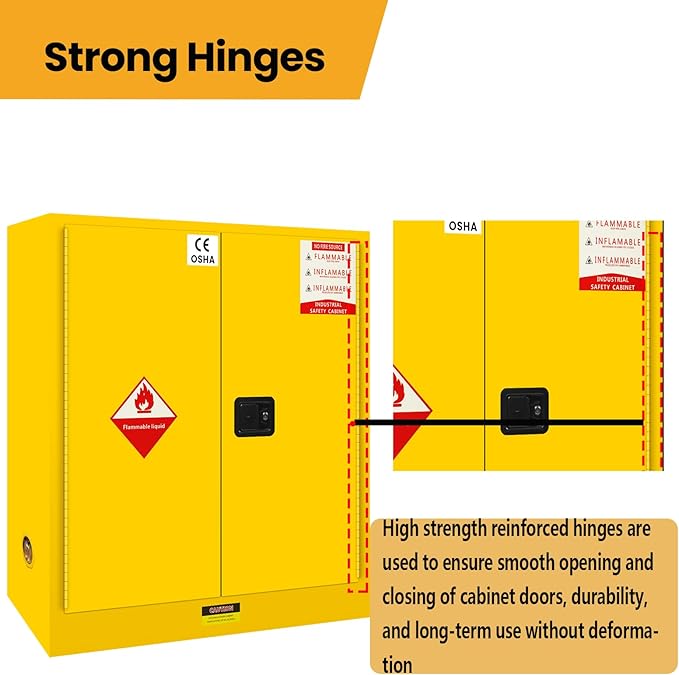 170 Gallon Galvanized Steel Flammable Storage Cabinet, 53" H x 46" D x 21" W Fireproof Cabinets Adjustable Shelf 2 Manual Closing Doors, 3 Point Locker Cabinet for Industry and Home Use Yellow
