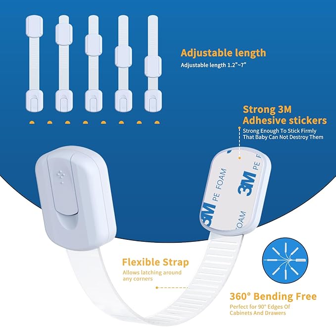 Child Safety Cabinet Locks(10 Pack)–Adjustable Baby Proofing Strap Latches for Drawers,Cupboard,Cabinets,Fridge,Toilet Seat,Door,Closet–No Drill No Tool Adhesive Installation
