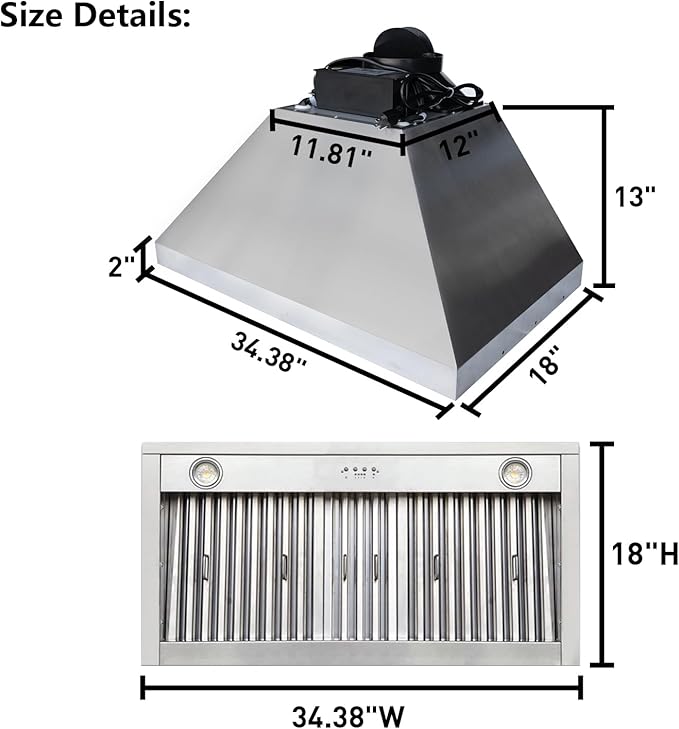 SINDA 36 Inch Built-In/Insert Range Hood, 4-Speed 610 CFM, Stainless Steel Under Cabinet Range Hood Kitchen Vent Hood with Liner and Internal Motor, 6" Duct, Adjustable Lights, Baffle Filter