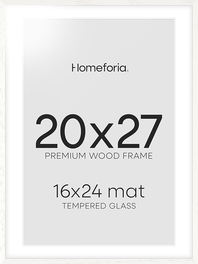 Homeforia 20x27 White Picture Frame, High End Oak 20x27 White Wooden Poster Frames with Mat 16x24 for Print, 20 x 27 Wood Frame Matted to 16 x 24 Photo, 27x20 Frame, Tempered Glass, Wall Kit, Set of 1