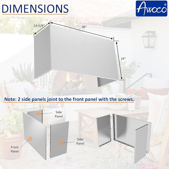 Awoco 36” Outdoor BBQ Vent Hood 17” High Type 304 Stainless Steel, 4 Speeds 1000 CFM, Adjustable LED Lights, 8” Round Top Vent with 24”H Chimney Cover