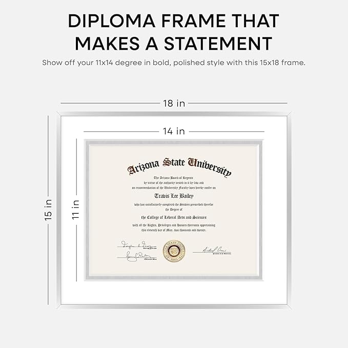 Homeforia 15x18 Diploma Frame Silver, High End Metal 15 x 18 Certificate Frame with Mat for 11 x 14, 15by18 Document Frame Matted to 11x14, Graduation Degree Frames, Tempered Glass, Wall Kit, Set of 1