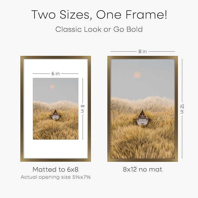 Homeforia 8x12 Picture Frame Bronze, High End Metal 8 x 12 Brass Frames with Mat 6 by 8 for Photo, 12x8 Frame Matted to 6x8 inch Print, 8by12 Wall or Tabletop Frame, Tempered Glass, Wall Kit, Set of 1