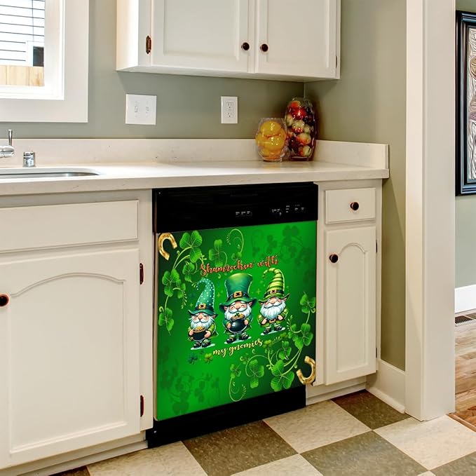 St Patrick Green Gnome Dishwasher Magnet Cover Magnetic Dishwasher Decorative Cover Front Dishwasher Door Covers Reuseable Dishwasher Covers Decal for Kitchen Home Decorative