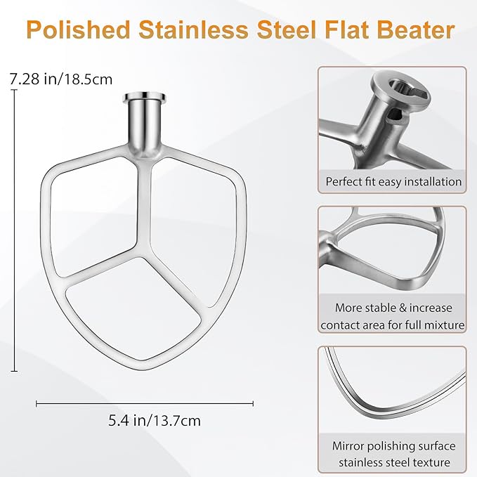 Flat Beater for KitchenAid 5-6 Quart Bowl-Lift Stand Mixer, Stainless Steel Paddle Attachments Fits for Kitchenaid Professional 5 Plus and 600 Seris Mixer, Mixing Accessories, Dishwasher Safe