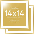 Homeforia 14x14 Picture Frame Gold, High End Metal 14 x 14 Square Poster Frame with Mat 12 x 12 Photo, 14x14 Frame Matted to 12x12 Print, 14by14 Gold Hanging Frames, Tempered Glass, Wall Kit, Set of 2