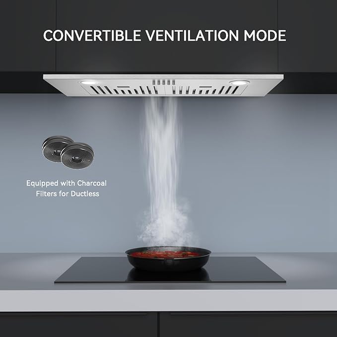Hermitlux 30 inch Built-in/Insert Range Hood, 600 CFM 3 Speed Vent Hood, Ducted/Ductless Convertible, Stainless Steel Range Hoods with Bright LED Light, Baffle Filters and Charcoal Filters