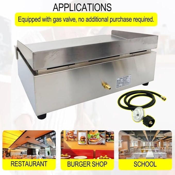 TECHTONGDA LPG Gas Grill Griddle, Stainless Steel Commercial Countertop Griddle Flat Top Grill, Restaurant Teppanyaki, BBQ Plate Grill with Adjustable Temperature Control, 21.26"x13.39", 2800Pa