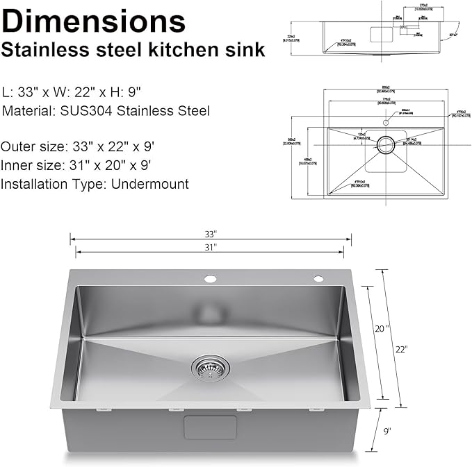 33 inch Topmount Handmade 18 Gauge Single Bowl Stainless Steel Kitchen Sink with Accessories