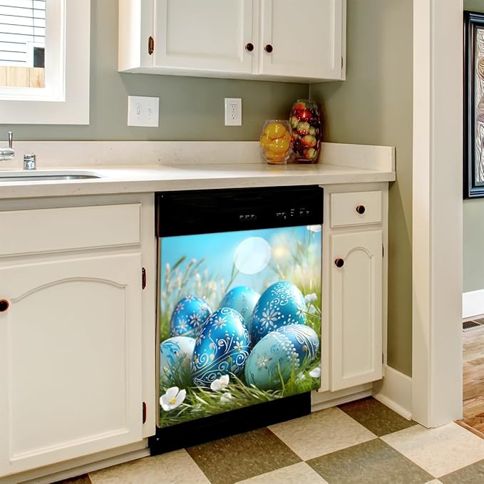 Easter Blue Eggs Meadow Flower Dishwasher Magnet Cover, Reusable Refrigerator Panel Stickers Microwave Front Door Covers Magnets for Kitchen Home Appliances Holiday Party Decorations 23 X 26 in