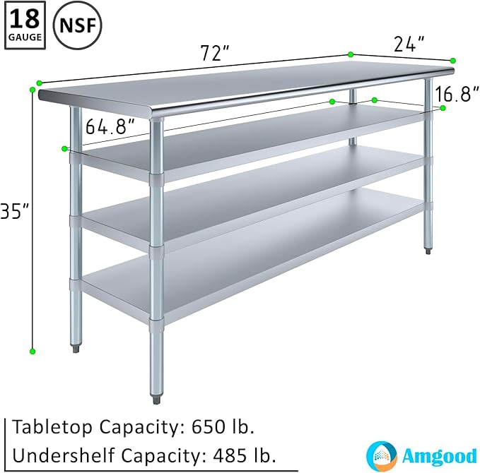 24 in. x 72 in. Stainless Steel Work Table with Three Bottom Shelves | NSF Kitchen Prep Table | Utitly Metal Table