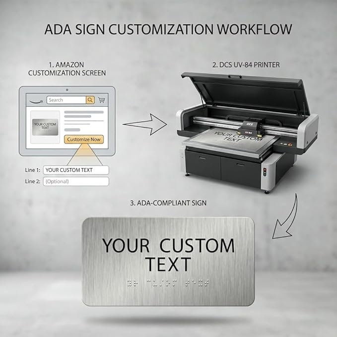 ALPHA DOG ADA SIGNS Custom ADA Braille Room Sign 4x8 Inch - Personalized Office Door Name Plate with Grade 2 Braille - ADA and Title 24 Compliant Signage - Made in USA - Brushed Stainles