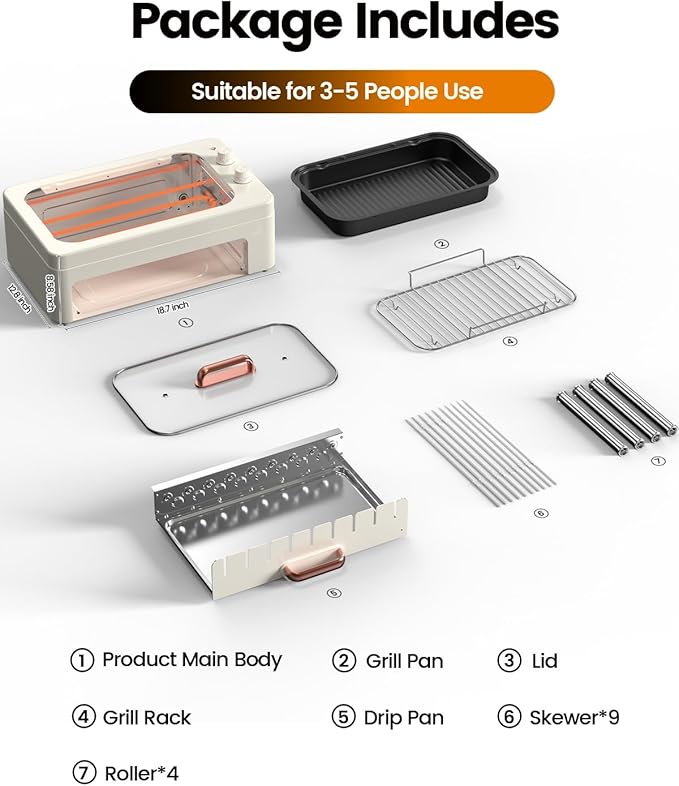 4-in-1 Electric Indoor Grill Smokeless for Home,Countertop Electric Grill with Removable Sizzling Grill Pan & Grate + Auto Rotating Kabob Skewers + Electric Hot Dog Roller Dual Zone Cook with Lid