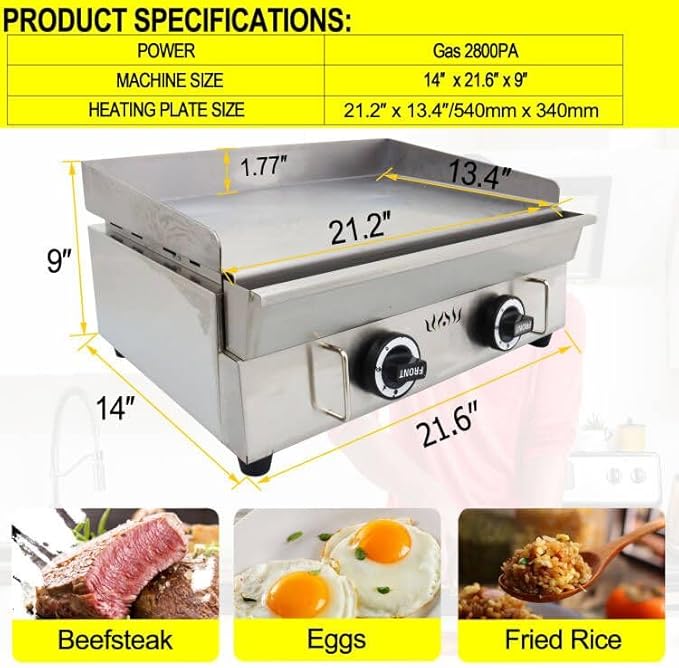 TECHTONGDA LPG Gas Grill Griddle, Stainless Steel Commercial Countertop Griddle Flat Top Grill, Restaurant Teppanyaki, BBQ Plate Grill with Adjustable Temperature Control, 21.26"x13.39", 2800Pa