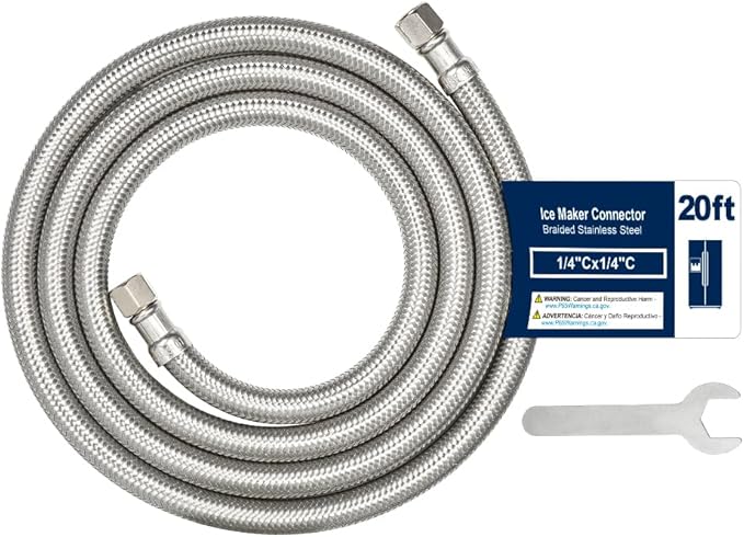 20FT Stainless Steel Braided Ice Maker Supply Line – 1/4″ Compression x 1/4″ Compression Fittings, Lead‑Free, Burst‑Proof, Universal Fit, NSF/UPC Certified, 10‑Year Warranty