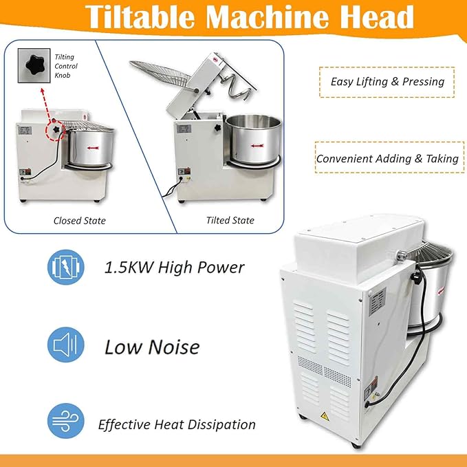30L Commercial Dough Mixer 110V, Double-Speed Dual-Motion System (Bowl & Spiral Hook) Stainless Steel Dough Kneading Machine, Detachable Bucket, for Mixing Flour