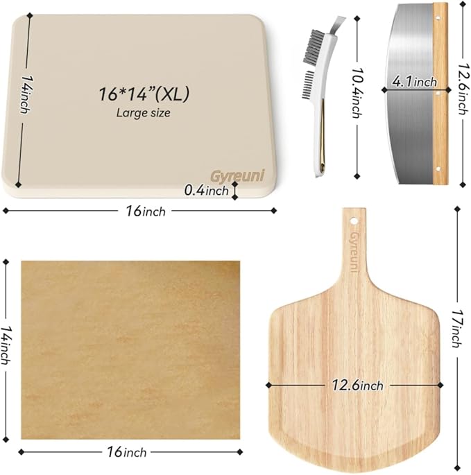 5 PCS Rectangle Pizza Stone Set, 16"Large Pizza Stone for Oven and Grill with Pizza Peel(OAK), Stone Brush,Pizza Cutter & 10pcs Cooking Paper for Free, Baking Stone for Pizza, Bread,BBQ