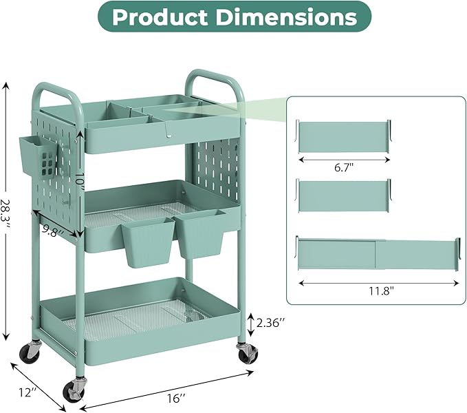 danpinera Rolling Cart, Movable Utility Organizer with Retractable Dividers & Pegboards for Kitchen, Bathroom, Office