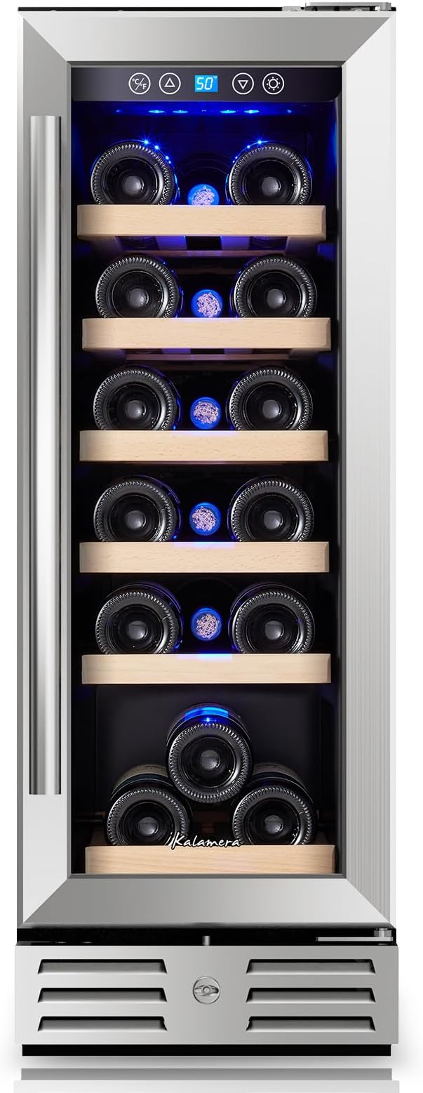 Kalamera Wine Fridge 18 Bottle - 12 inch Mini Cooler Refrigerator, Built-in or Freestanding, with Stainless Steel & Double-Layer Tempered Glass Door, and Temperature Memory Function